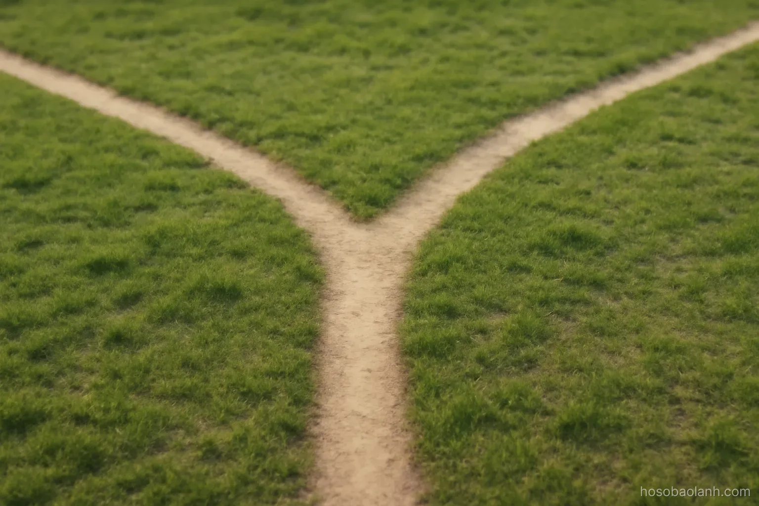 three paths diverging from a single point on a grassy field seen from above, no signs or people