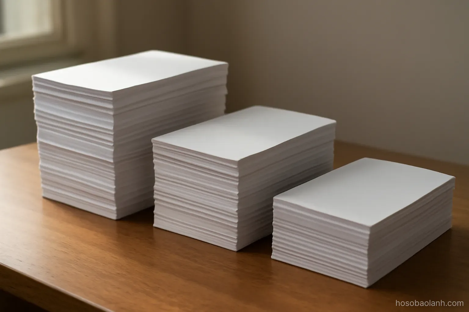 three stacks of paper of different heights arranged on a desk, side light, pages blank and unmarked