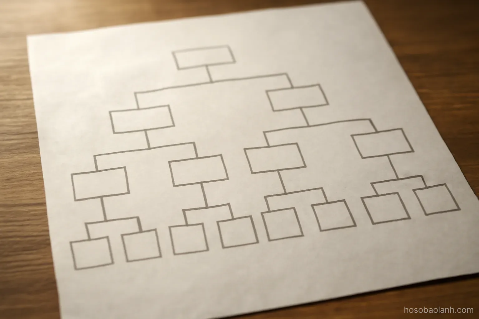 a hand drawn family tree sketch on plain paper lying on a table, lines and boxes empty without names