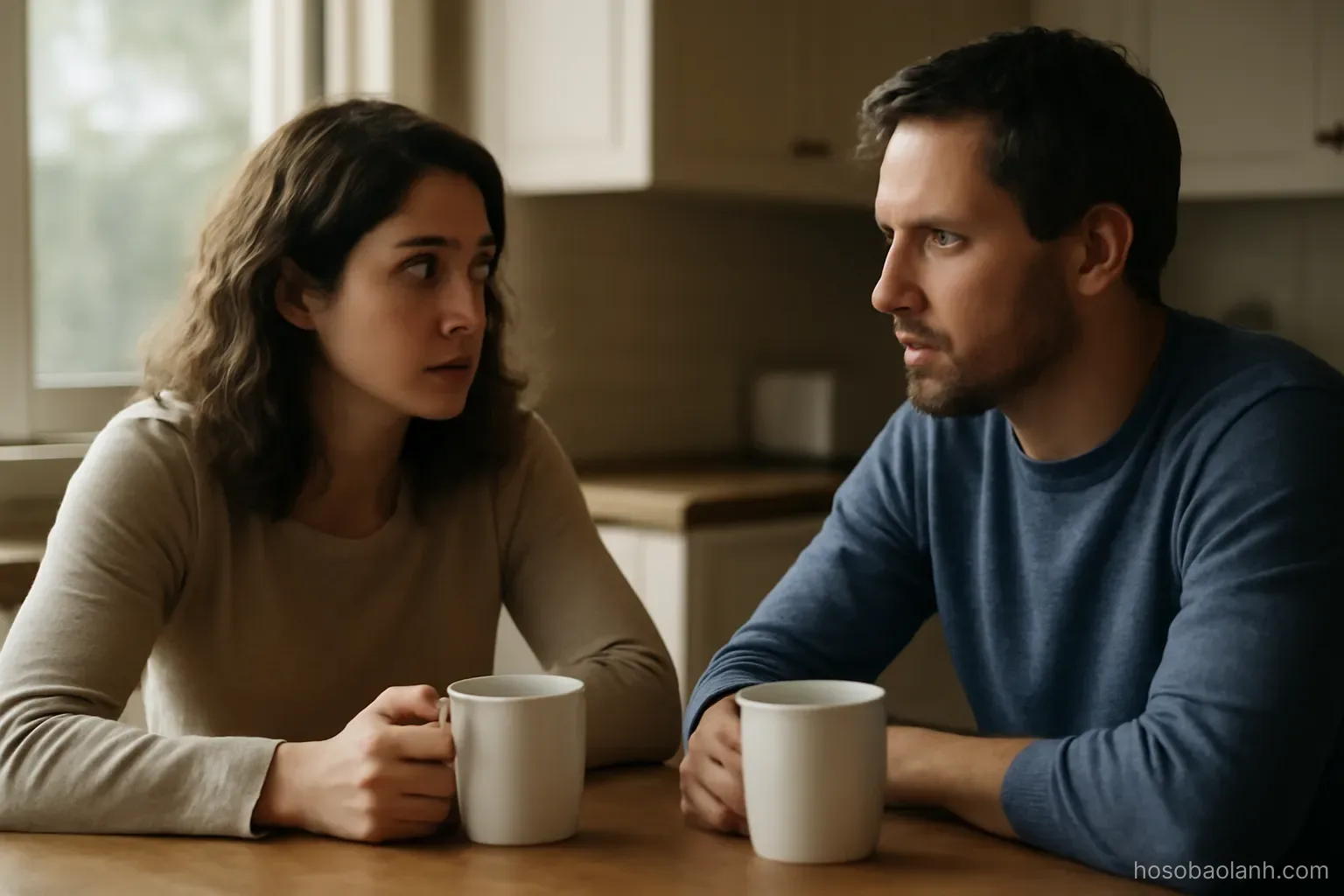two adult siblings sitting on opposite sides of a kitchen table with cups of tea, morning light through a window