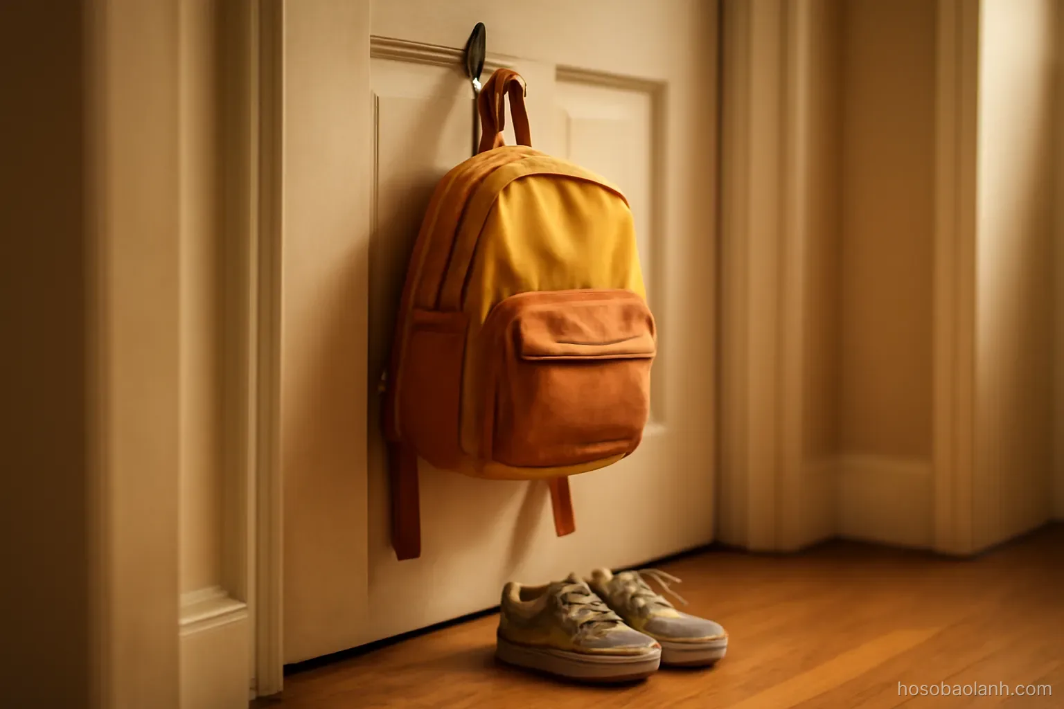 a childs backpack hanging on a hook by a door with small shoes beneath it, warm hallway light
