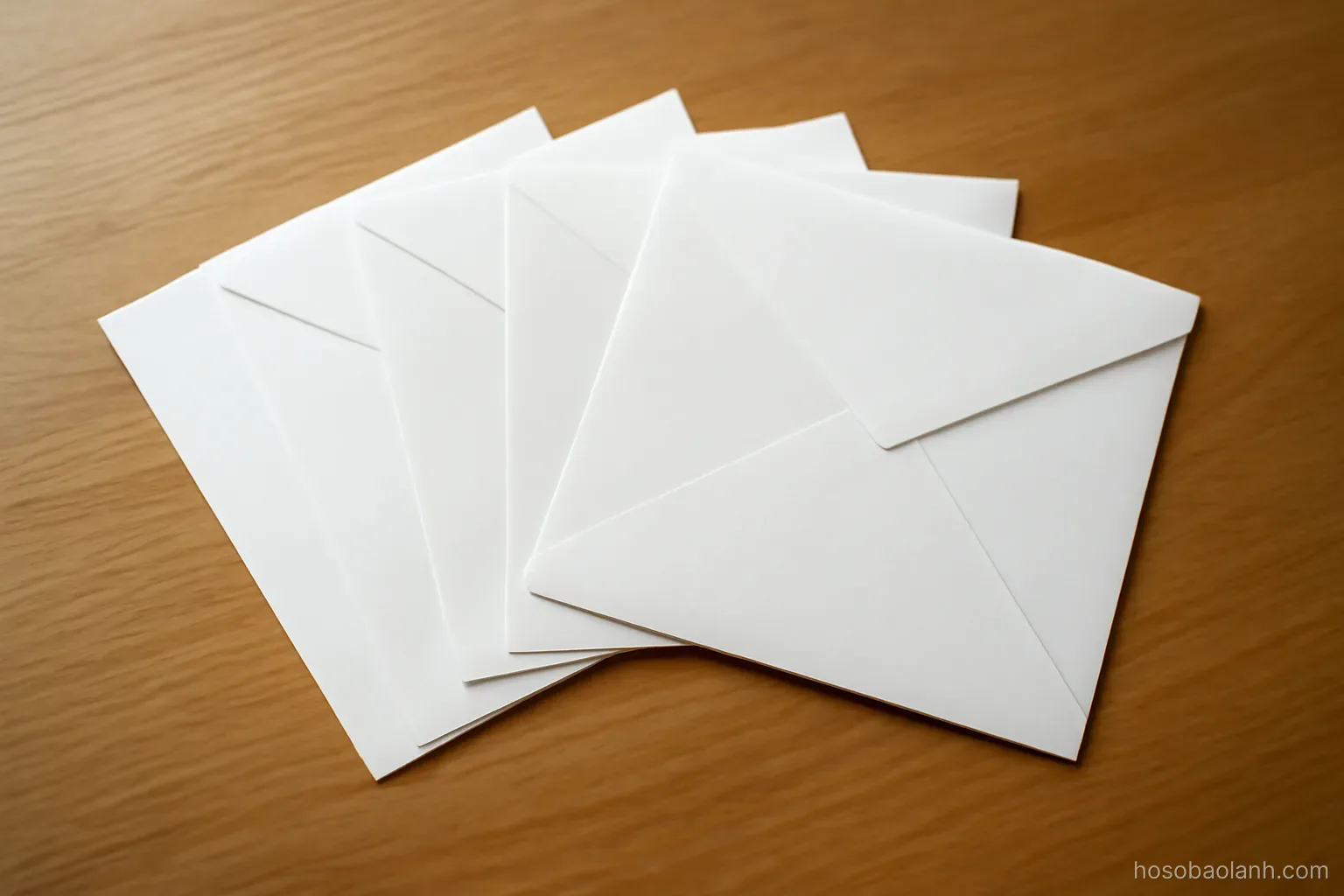 several envelopes of different sizes fanned out on a desk in a row, overhead view, all blank