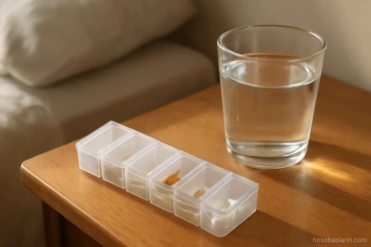 a pill organiser and a glass of water on a bedside table, morning light, no labels visible