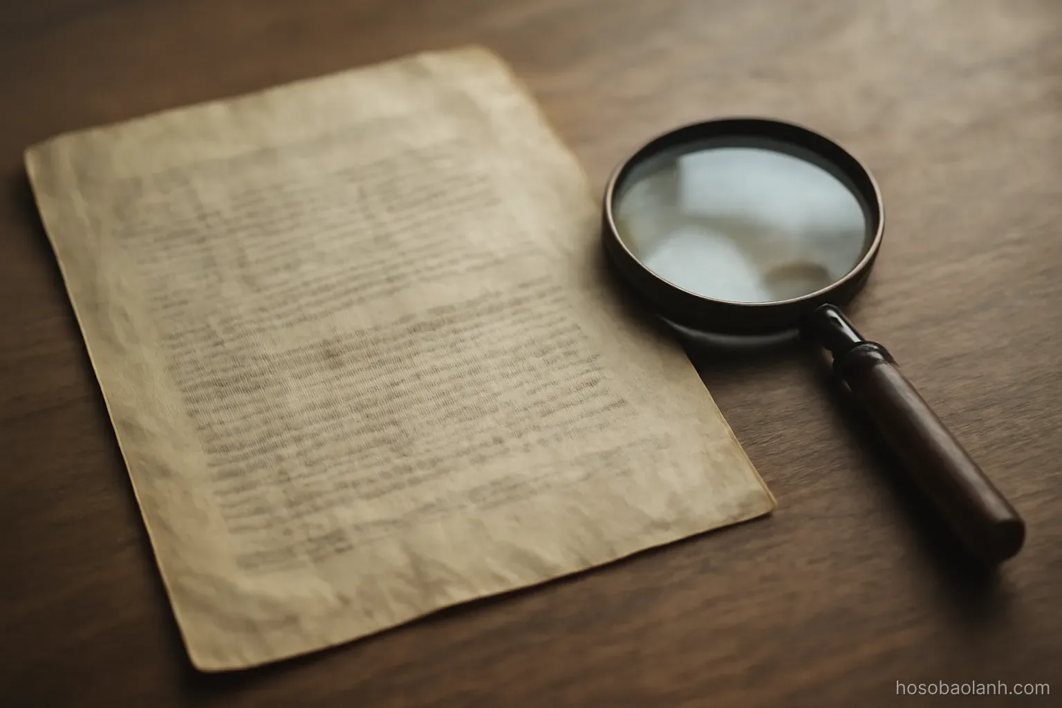 an old paper document with faded typewritten text lying on a wooden desk beside a magnifying glass