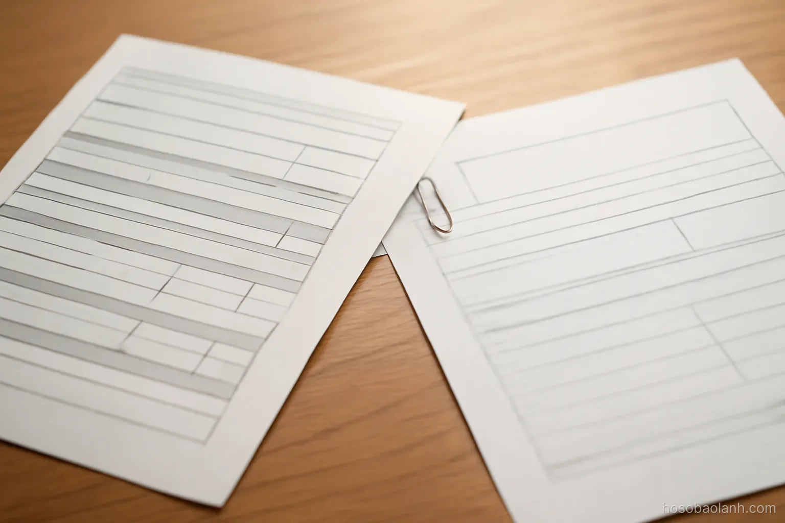 a payslip and a tax form lying side by side on a desk with a paperclip, close view, text blurred