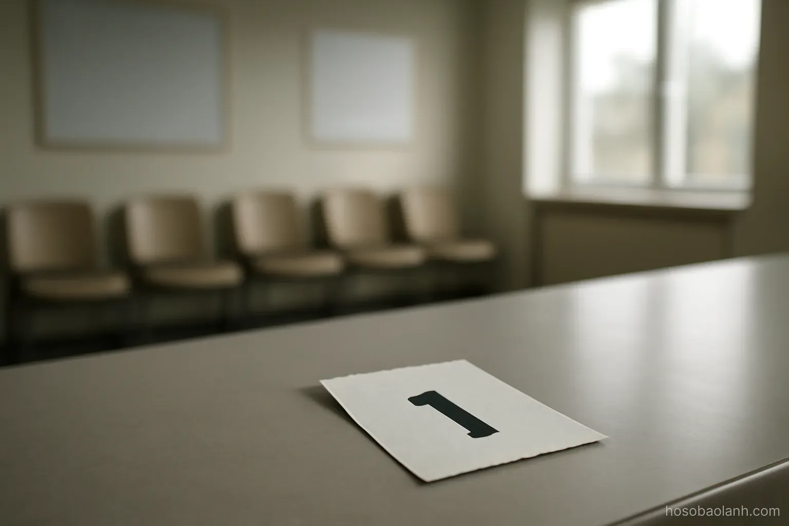 a numbered paper ticket lying on a counter in an empty waiting room, no visible digits, plain light