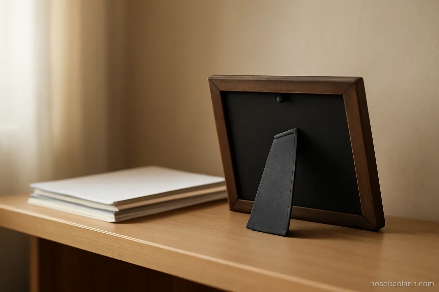 a family photograph frame face down on a shelf beside a small stack of documents, soft indoor light