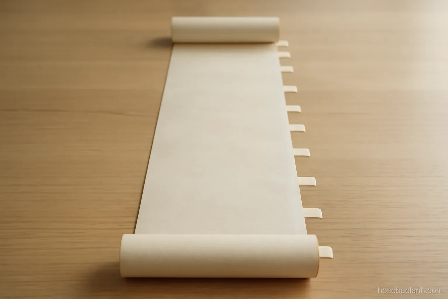 a long paper timeline unrolled across a table with small tabs along it, overhead view, no writing visible