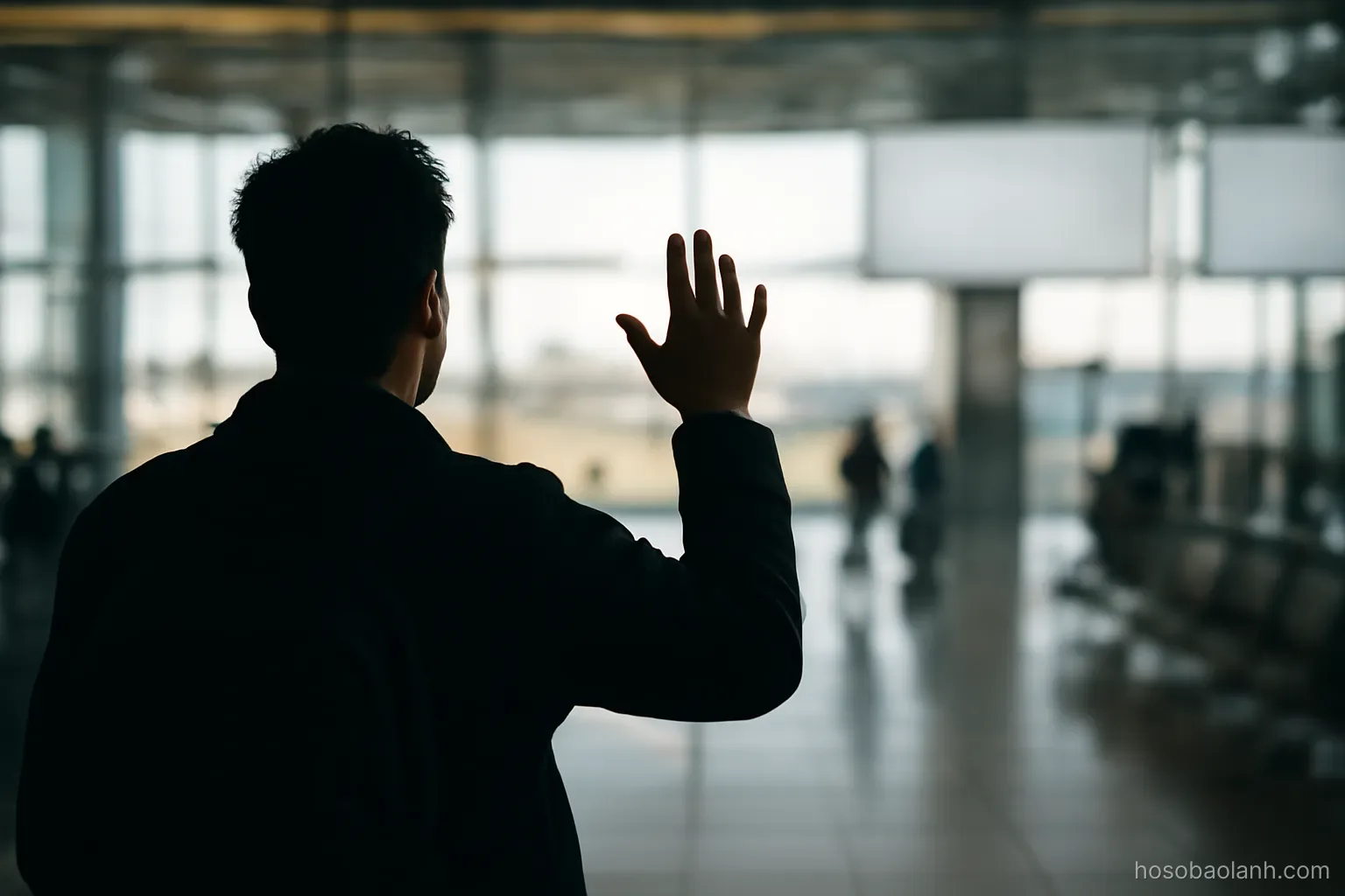 an airport departure hall seen from behind a person waving, blurred background, no signage visible