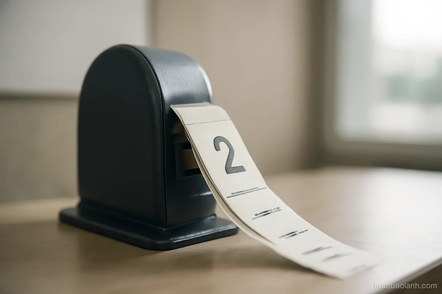 a long queue of numbered tickets in a dispenser on a counter, close view, numbers not legible