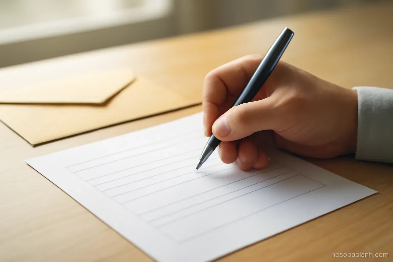 a hand holding a pen above a blank form on a desk with an envelope beside it, close crop, daylight