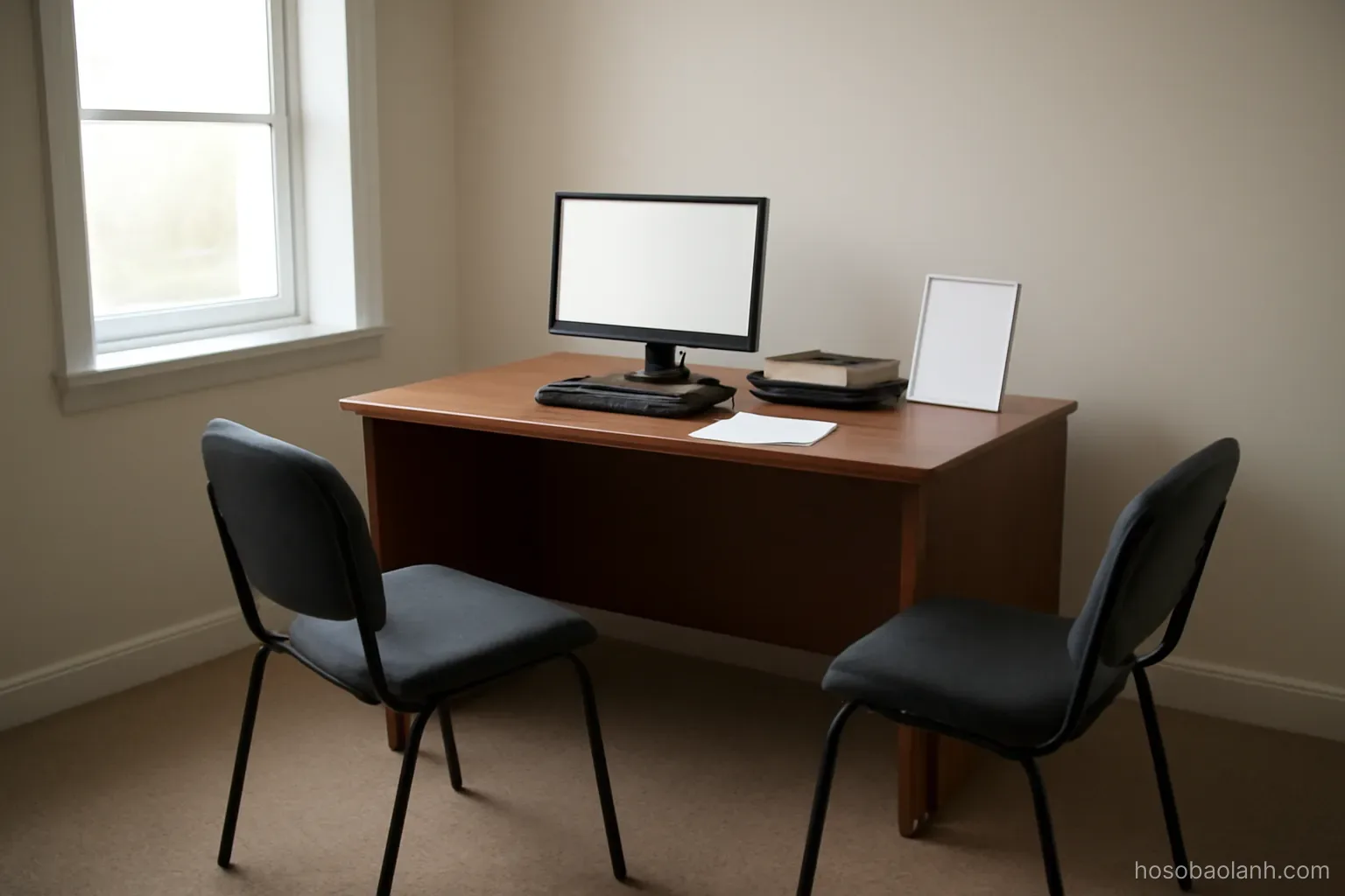 a small registry office desk with two chairs in front of it, plain room, natural light through a window