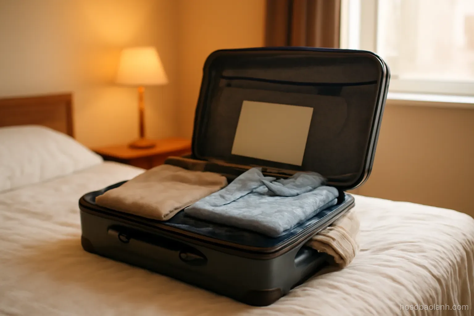 a suitcase standing open and half packed on a bed in a small bedroom, warm lamp light