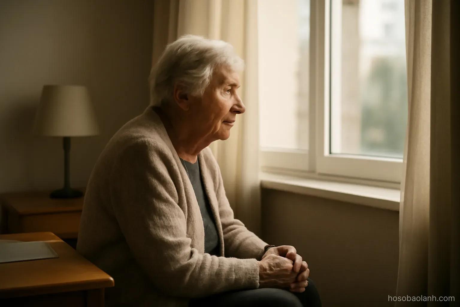 an elderly person sitting alone by a window looking outside in a quiet apartment, soft afternoon light