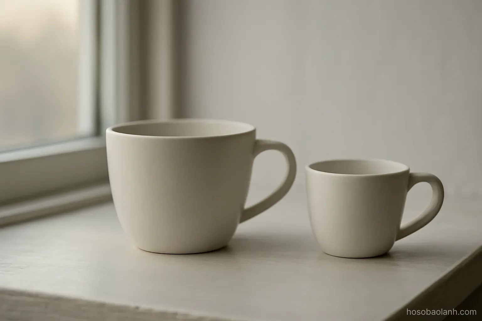 two cups of different sizes placed together on a windowsill in soft daylight, plain background
