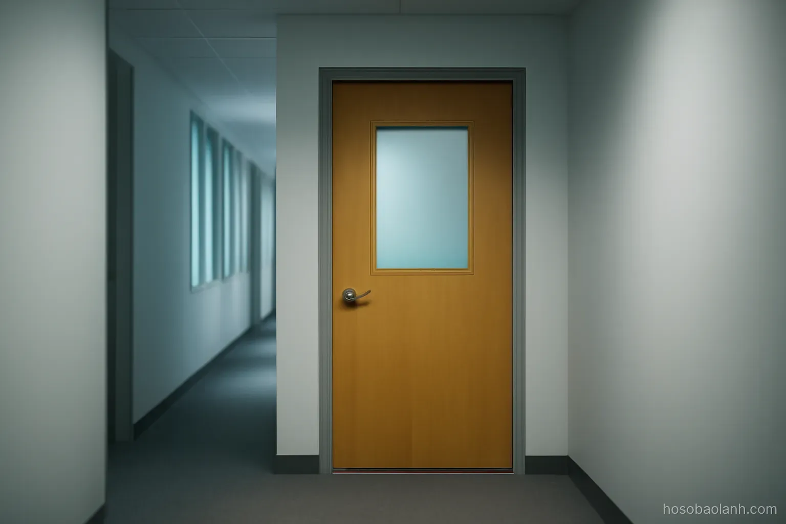 a closed office door with a small window at eye level, empty corridor, cool light