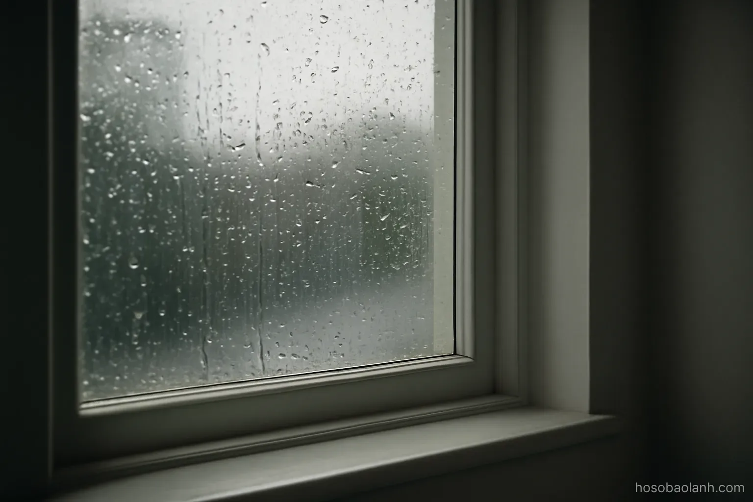 a window with rain on the glass seen from inside a quiet room, soft grey daylight, no objects in frame