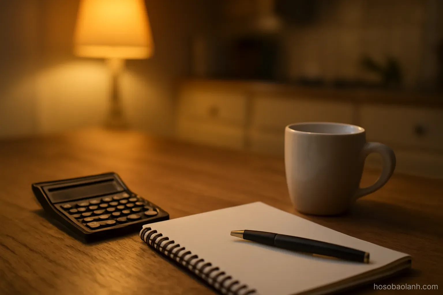 a kitchen table with a calculator, a notebook and an empty coffee cup, evening lamp light, pages blank