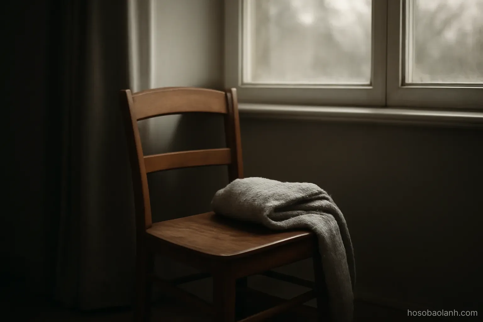 an empty wooden chair beside a window with a folded blanket over the armrest, quiet room, muted light