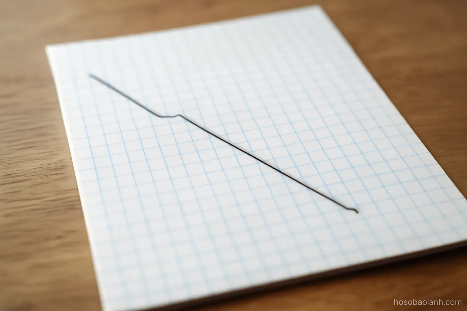 a descending line drawn in pencil on graph paper lying on a desk, close view, no numbers on axes
