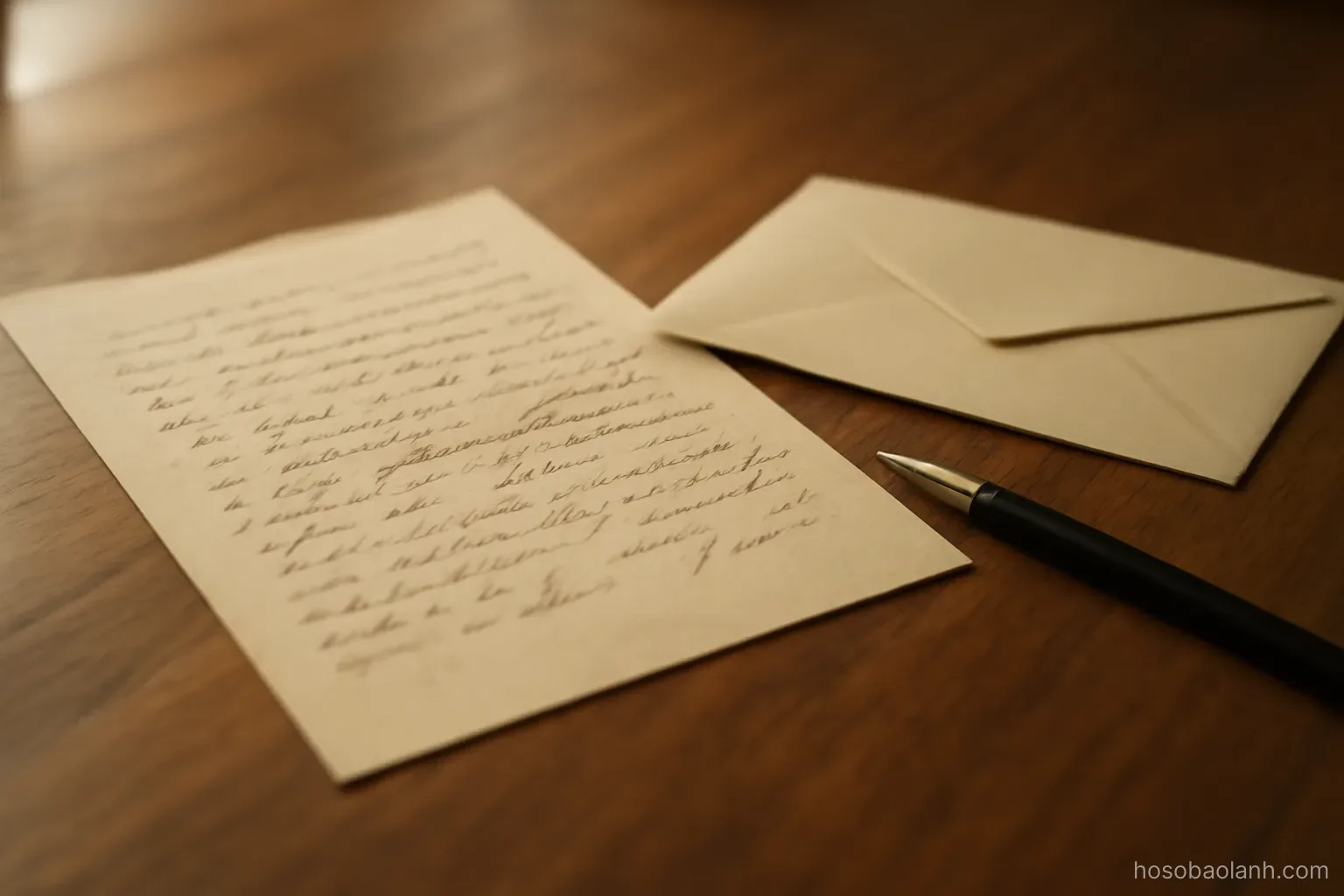 a handwritten letter and an envelope on a wooden desk beside a pen, warm light, handwriting not legible