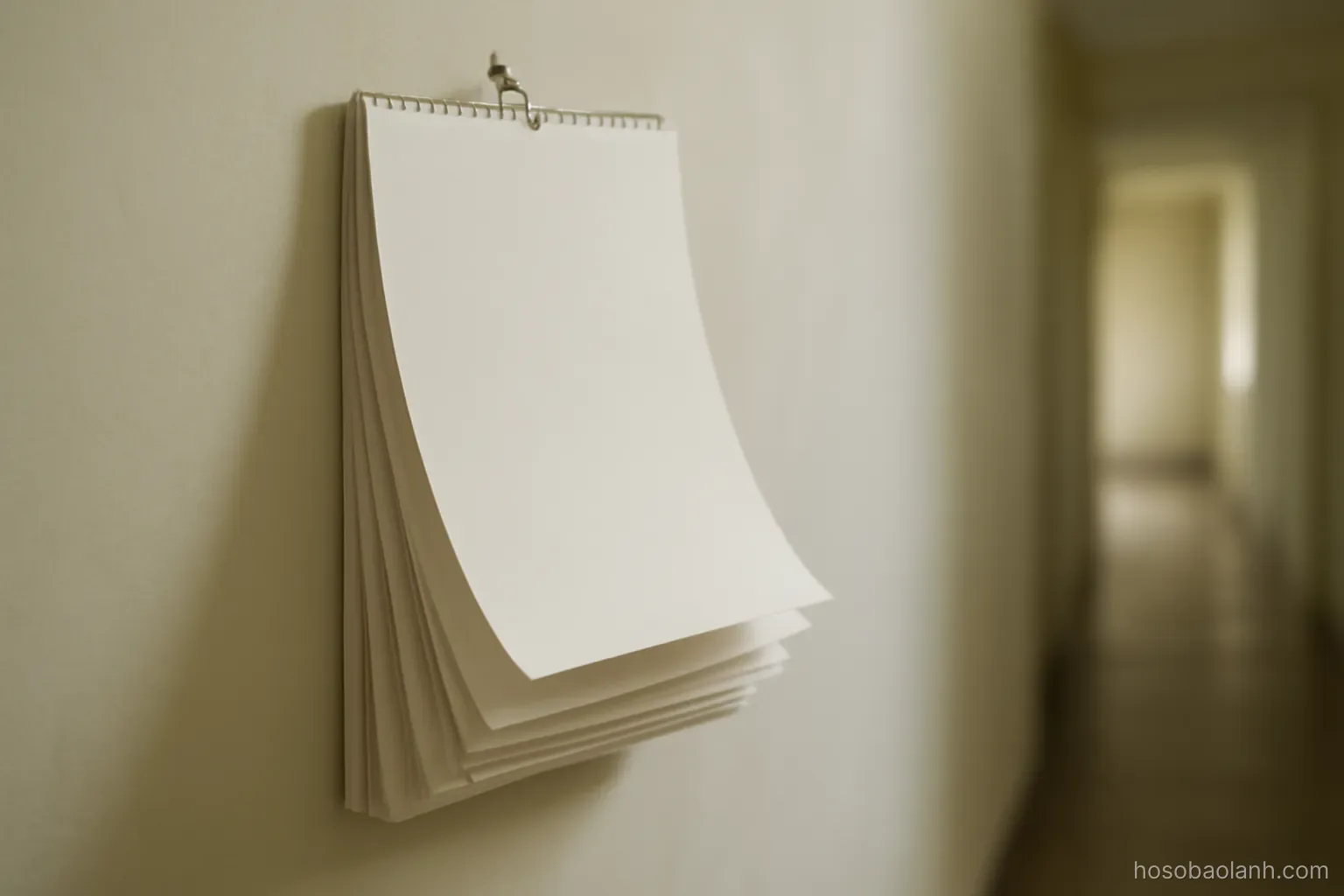 a wall calendar with many pages torn off hanging in an empty hallway, plain wall, soft daylight