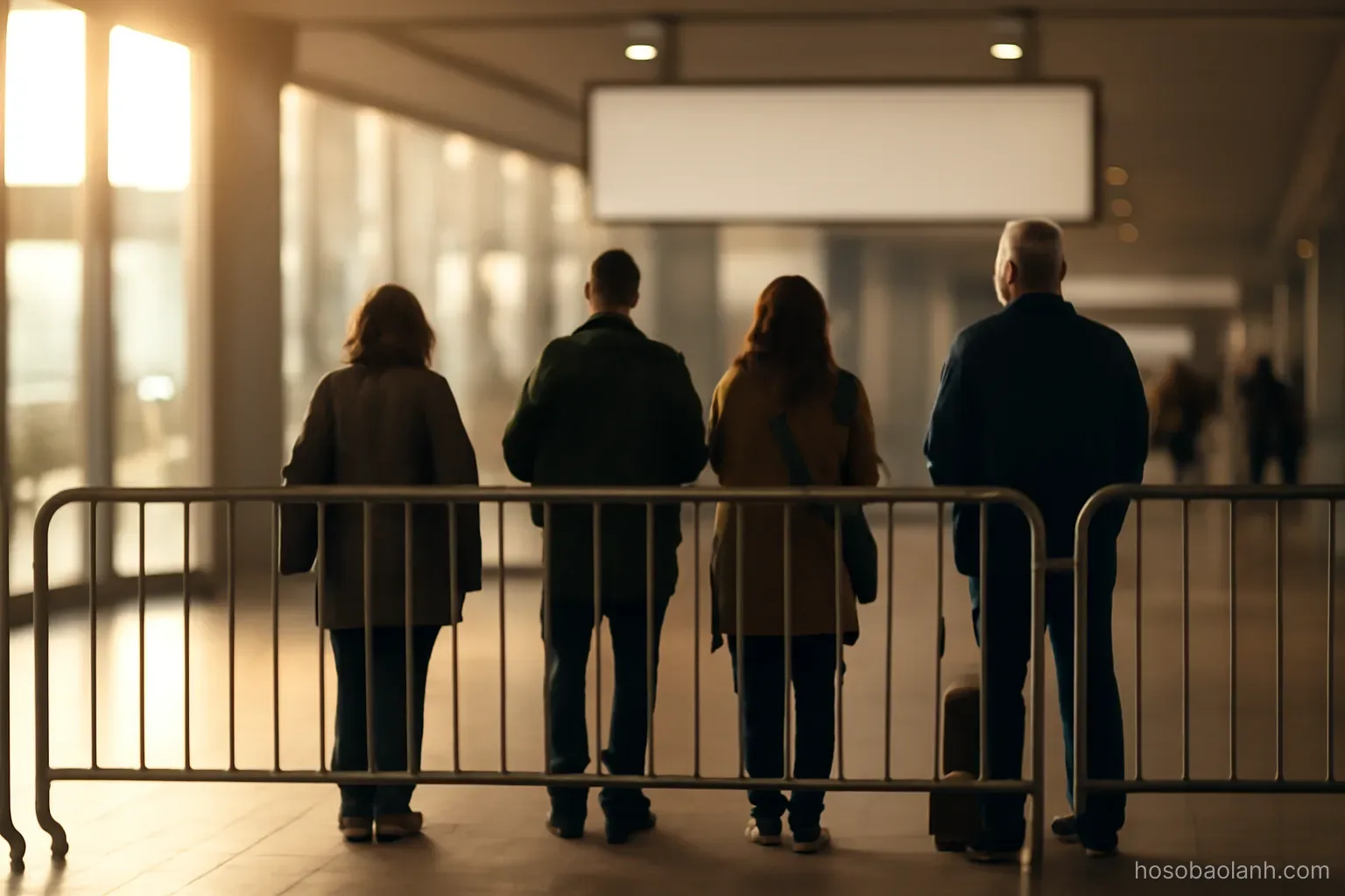 an airport arrivals barrier with a few people waiting behind it, seen from a distance, warm light, no signs