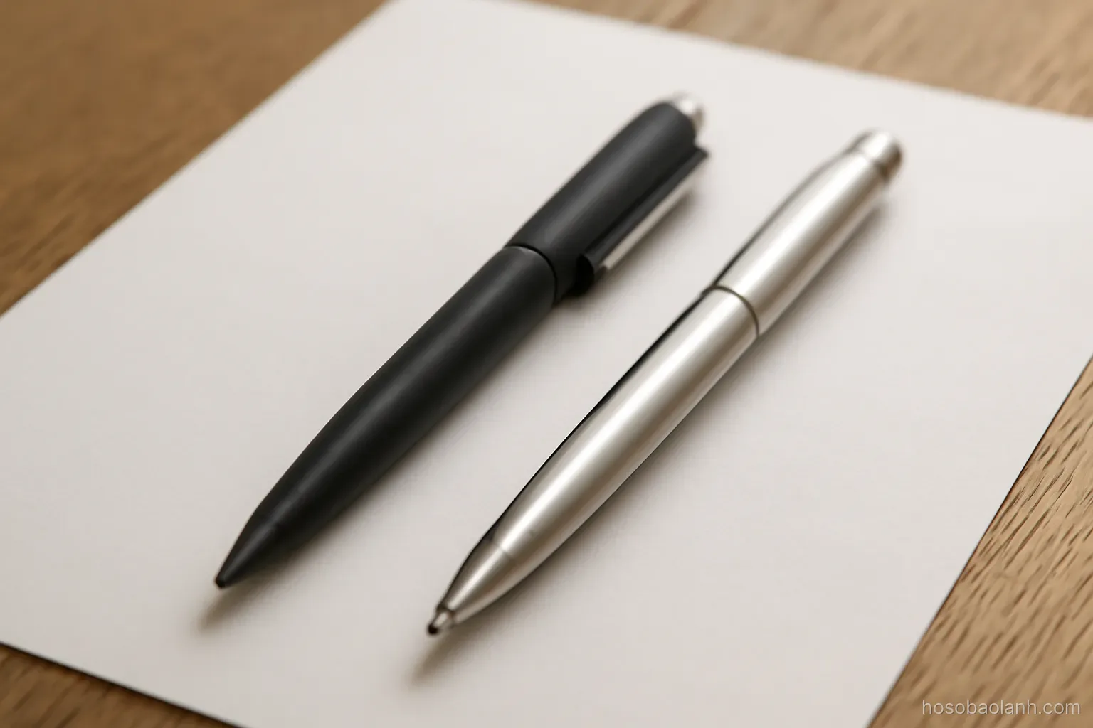 two pens lying on a document side by side on a table, close overhead view, page text not legible