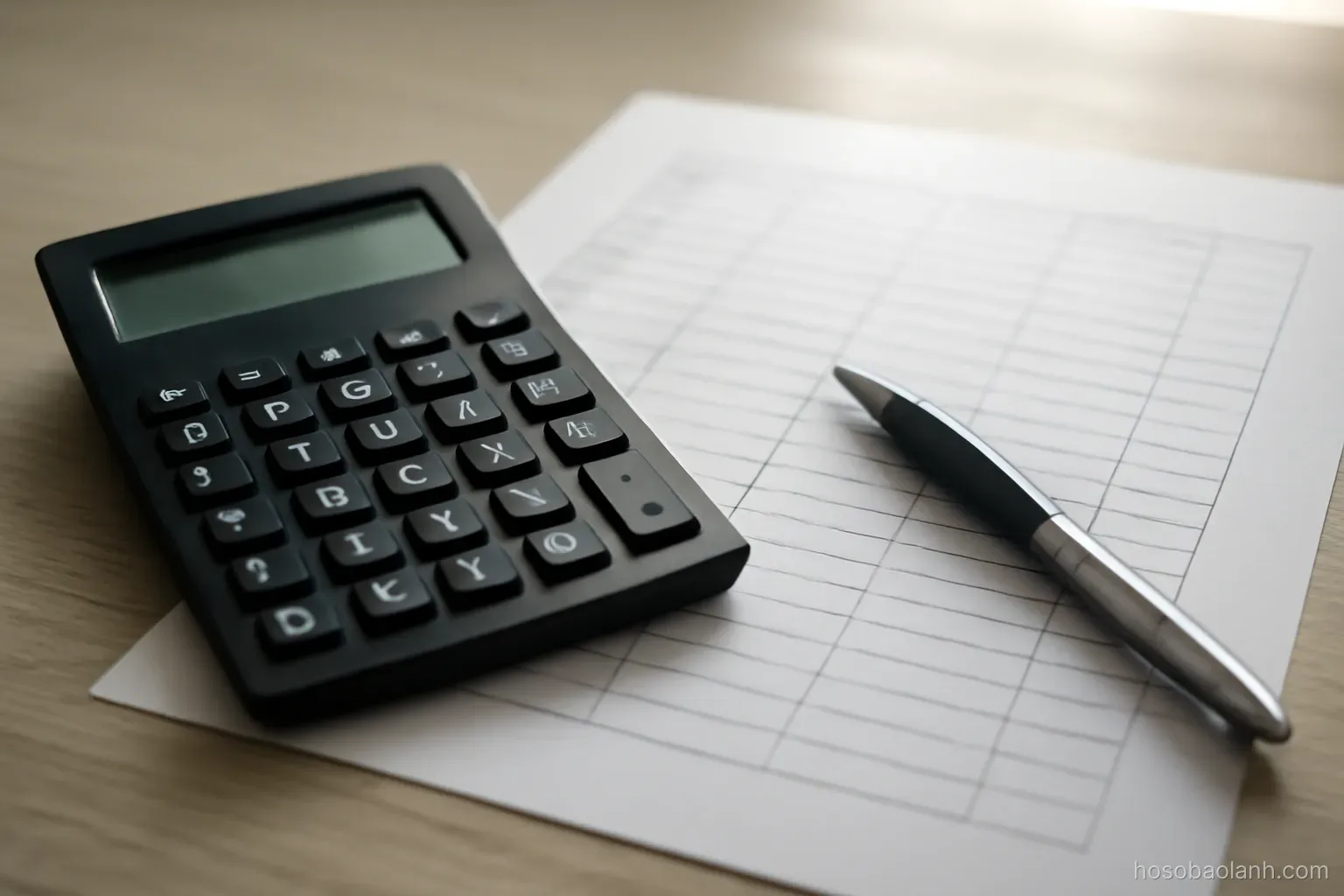 a calculator and a printed table lying on a desk with a pen resting across them, numbers not legible
