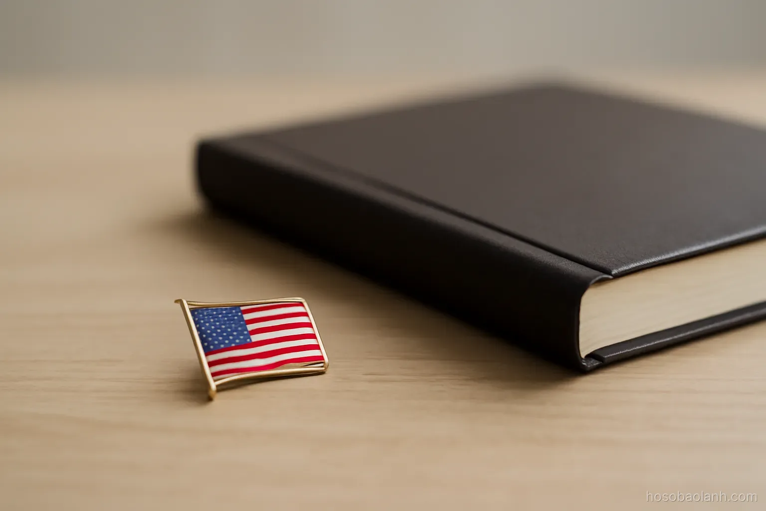 a small flag pin lying beside a closed notebook on a desk, shallow depth of field, neutral background