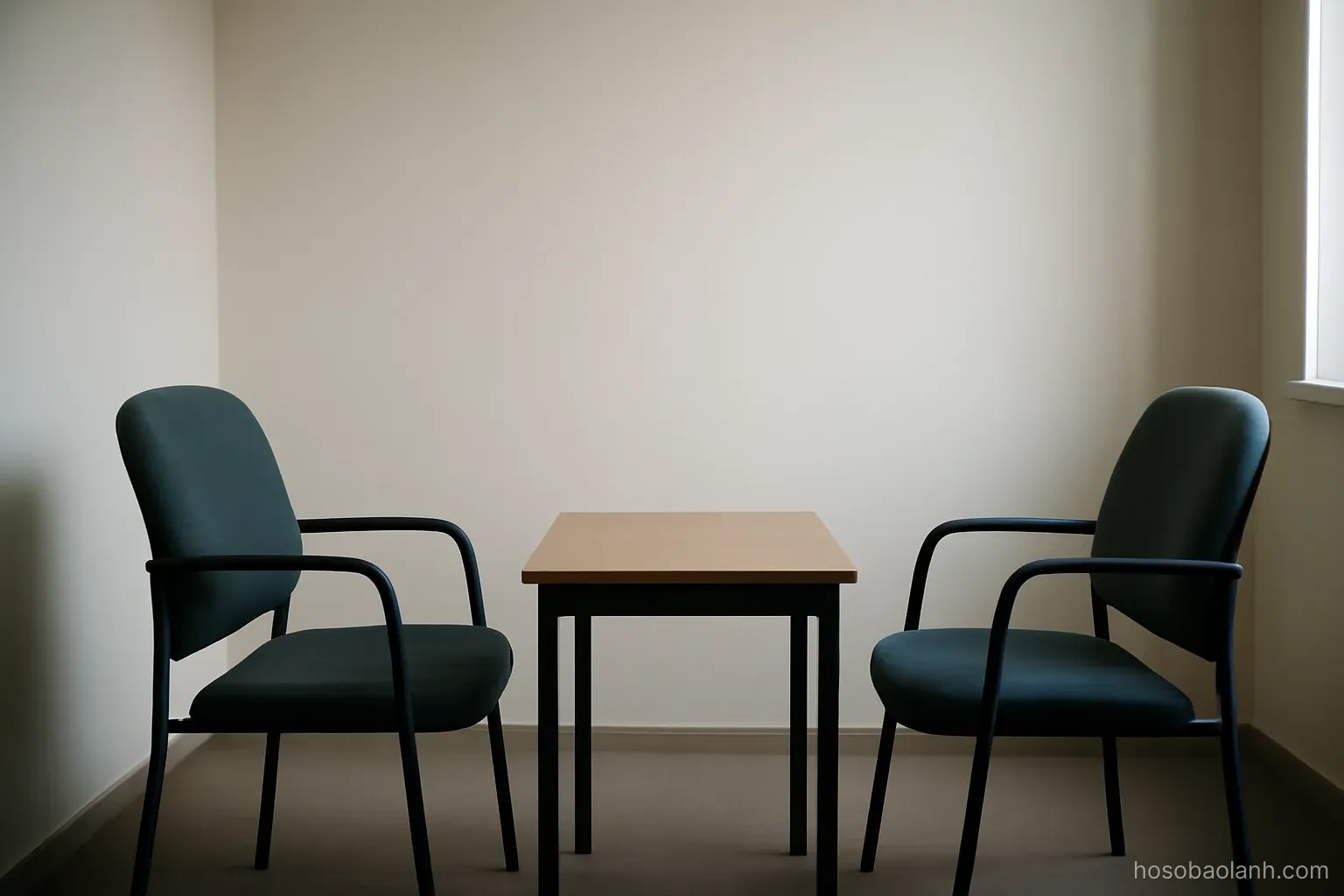 two empty chairs facing each other across a small table in a bare interview room, plain walls