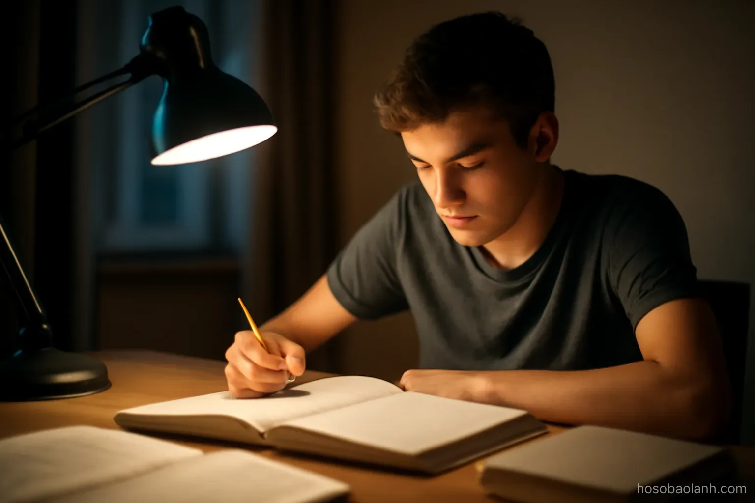 a teenager studying at a desk with textbooks under a desk lamp at night, no readable text on pages