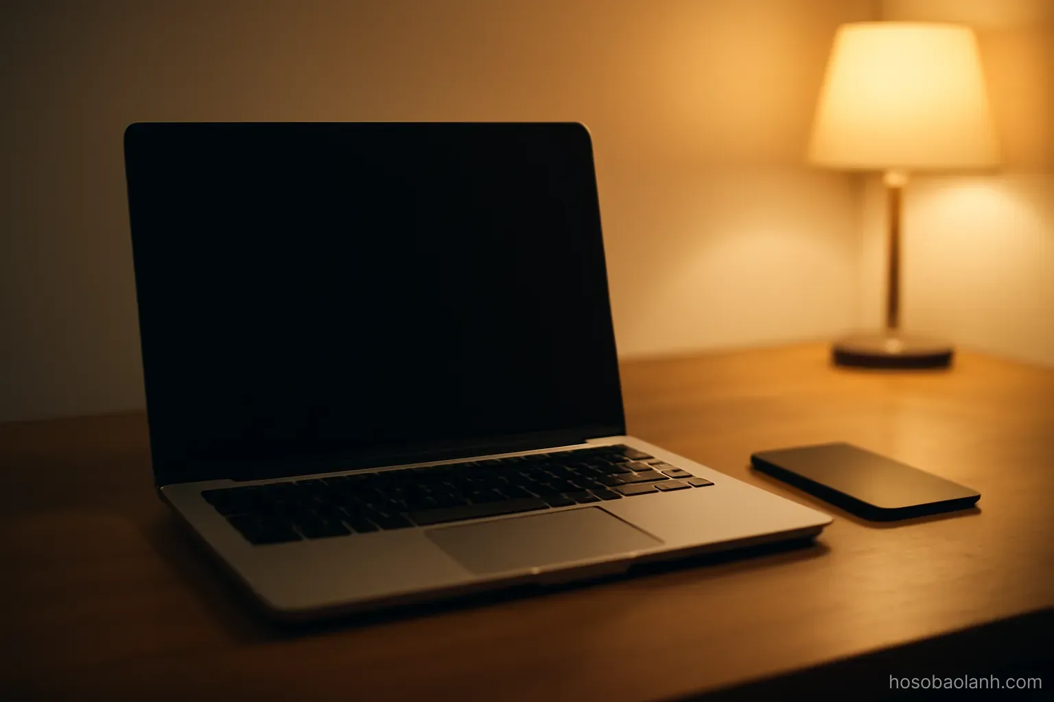 a laptop and a phone placed side by side on a desk at night, screens off, warm lamp light
