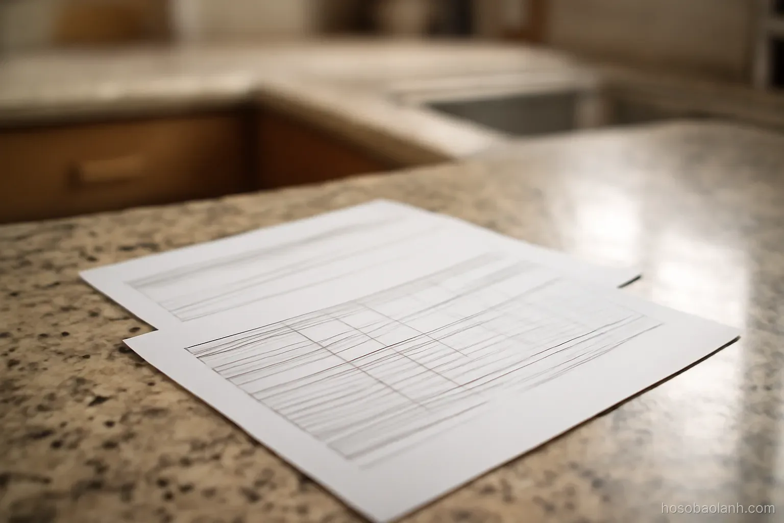 a shared household bill and a bank statement lying overlapped on a kitchen counter, print not legible