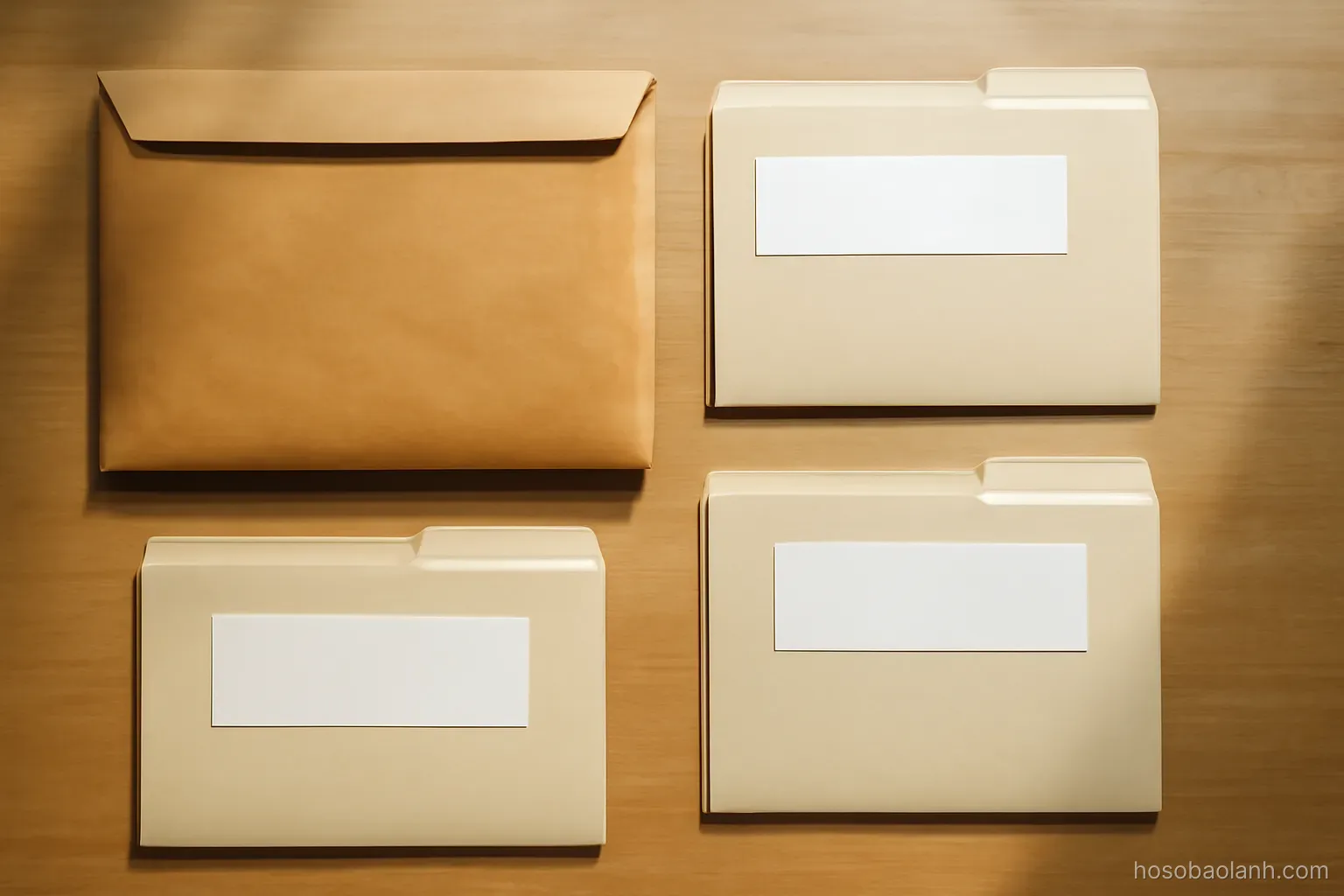 a large envelope and several labeled paper folders arranged on a table, overhead view, natural light
