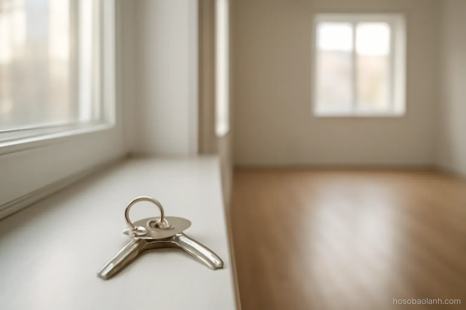 a set of house keys lying on a windowsill in a bright empty apartment, morning light, no furniture