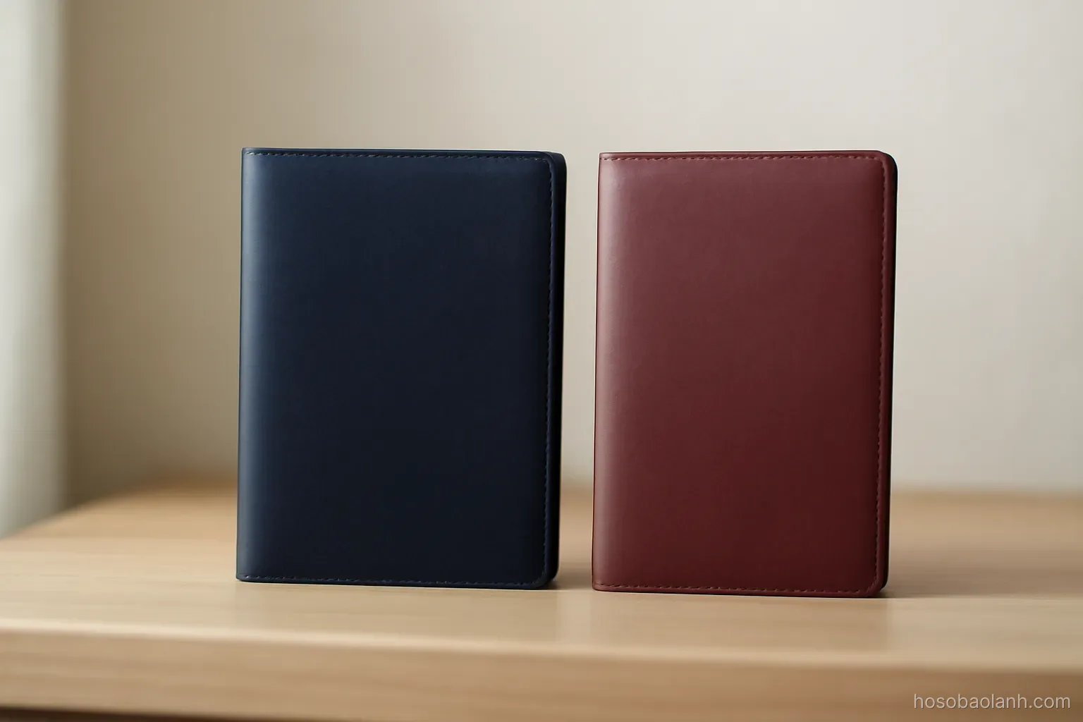 two identical passports of different colours standing upright side by side on a shelf, covers plain