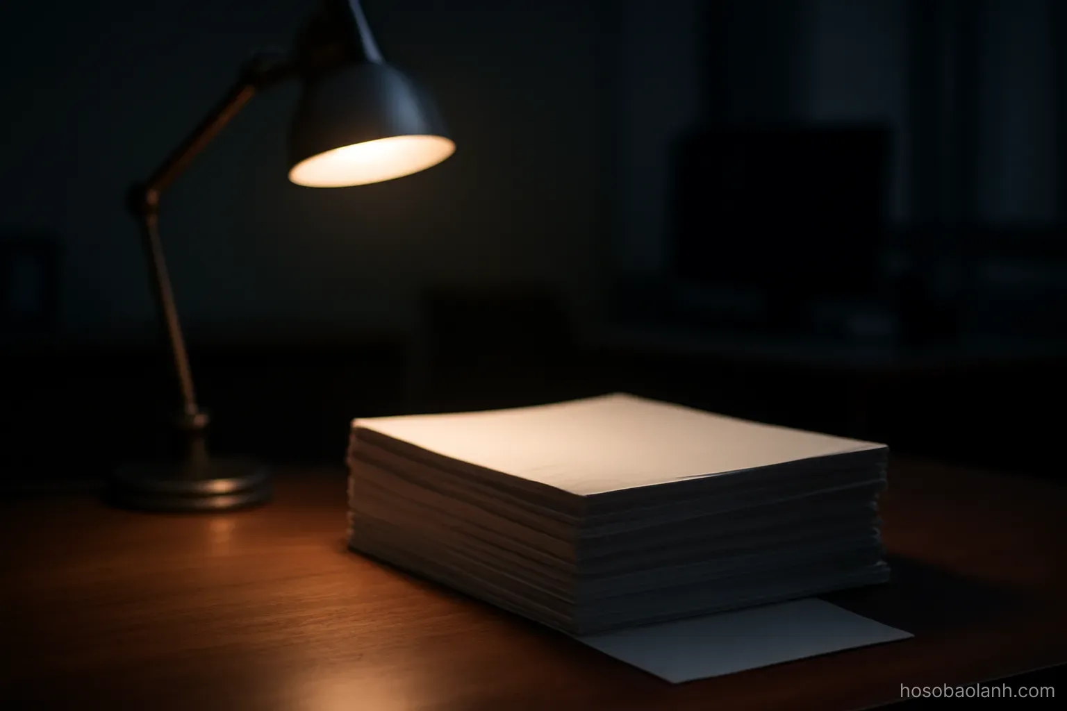 a stack of papers under a desk lamp with one sheet slightly pulled out, close view, dim office at night