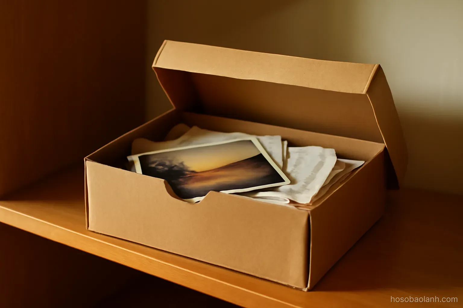 a shoebox filled with photographs and receipts sitting open on a shelf, warm domestic light